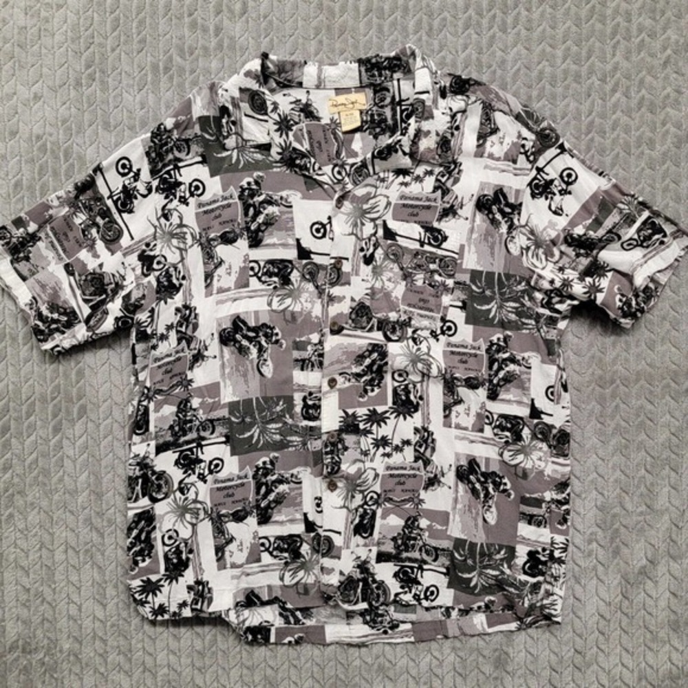 Panama Jack Motorcycle Club Maui Mens XL‎ Camp Hawaiian Gray Black 100% Rayon